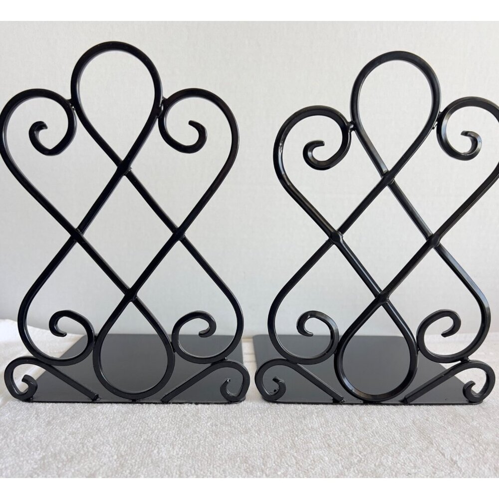 Wrought Iron Metal Bookends Black Book Stand Decorated Holder Base 9” X 7”